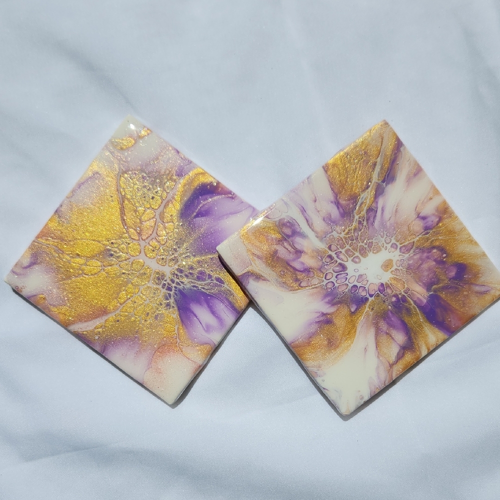 Hand Crafted Resin Painted Coasters Metallic Home Decor Decorative Drink Set 2